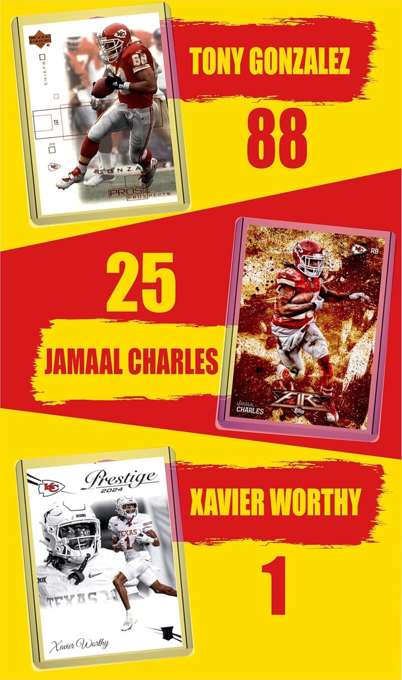 Chaser Kansas City Chiefs Football Cards: Patrick Mahomes, Travis Kelce, Isiah Pacheco, Jamaal Charles, Chris Jones, Marquise Brown, Nick Bolton, Rashee Rice, Xavier Worthy, Tony Gonzalez (10) ASSORTED Football Stars & GOATs Trading Card & Wristbands Gift Pack - Image 3
